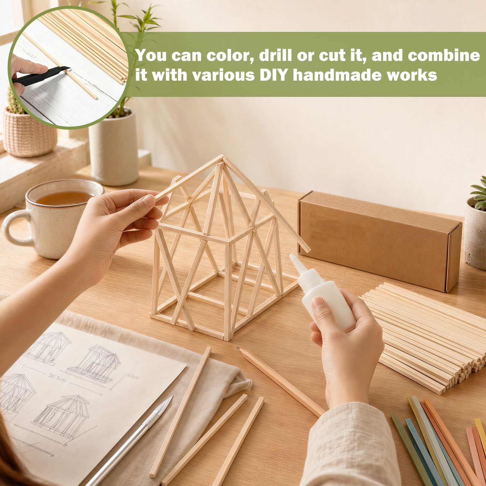 100Pcs Balsa Wood Sticks 0.12inch Square Wood Dowel Rods Unfinished Craft Sticks for Craft DIY Supplies Arts and DIYers