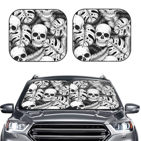 Kdxio Skull And Palm Leaves Print 2-Piece Sun Shade Front Windshield - Foldable Car Front Window Sunshades For Most Sedans Suv Truck