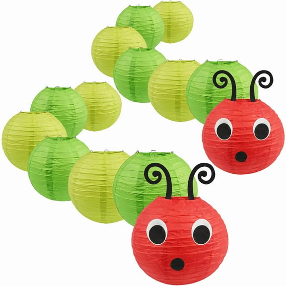 Caterpillar Paper Lanterns Set for Party, 8" & 10" Birthday Ceiling Hanging Decorations - Vibrant Red & Green Caterpillar with Eyes Mouth, Easy Assembly for School Classroom Birthday Party Decor