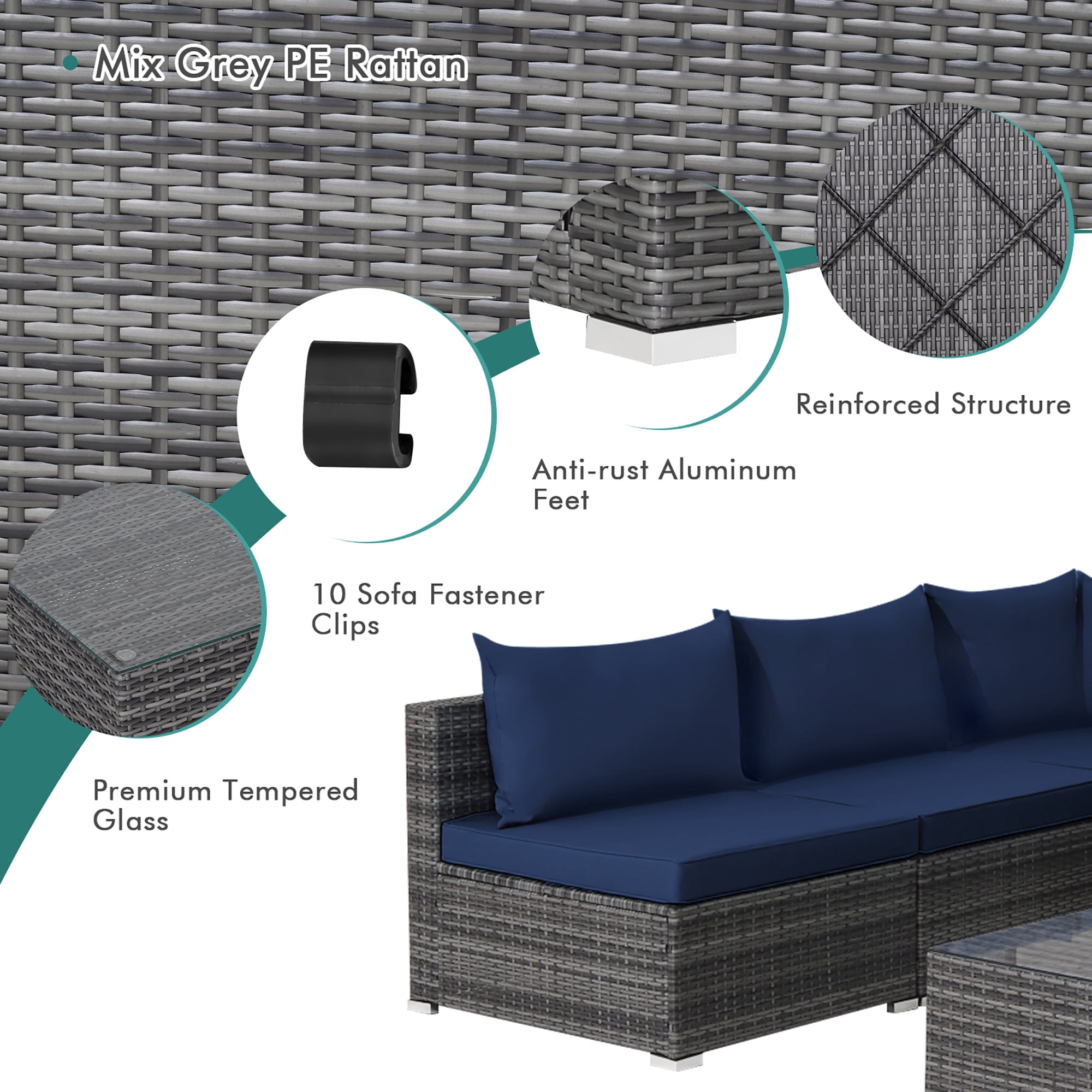 Costway 7PCS Patio Rattan Furniture Set Sectional Sofa Cushioned Garden Navy