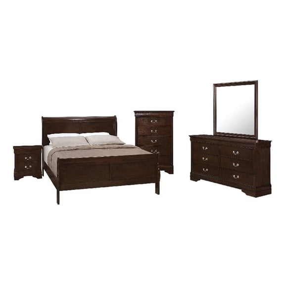 Nim 5pc Queen Sleigh Bedroom Set- Nickel Drop Handles- Dark Brown Wood