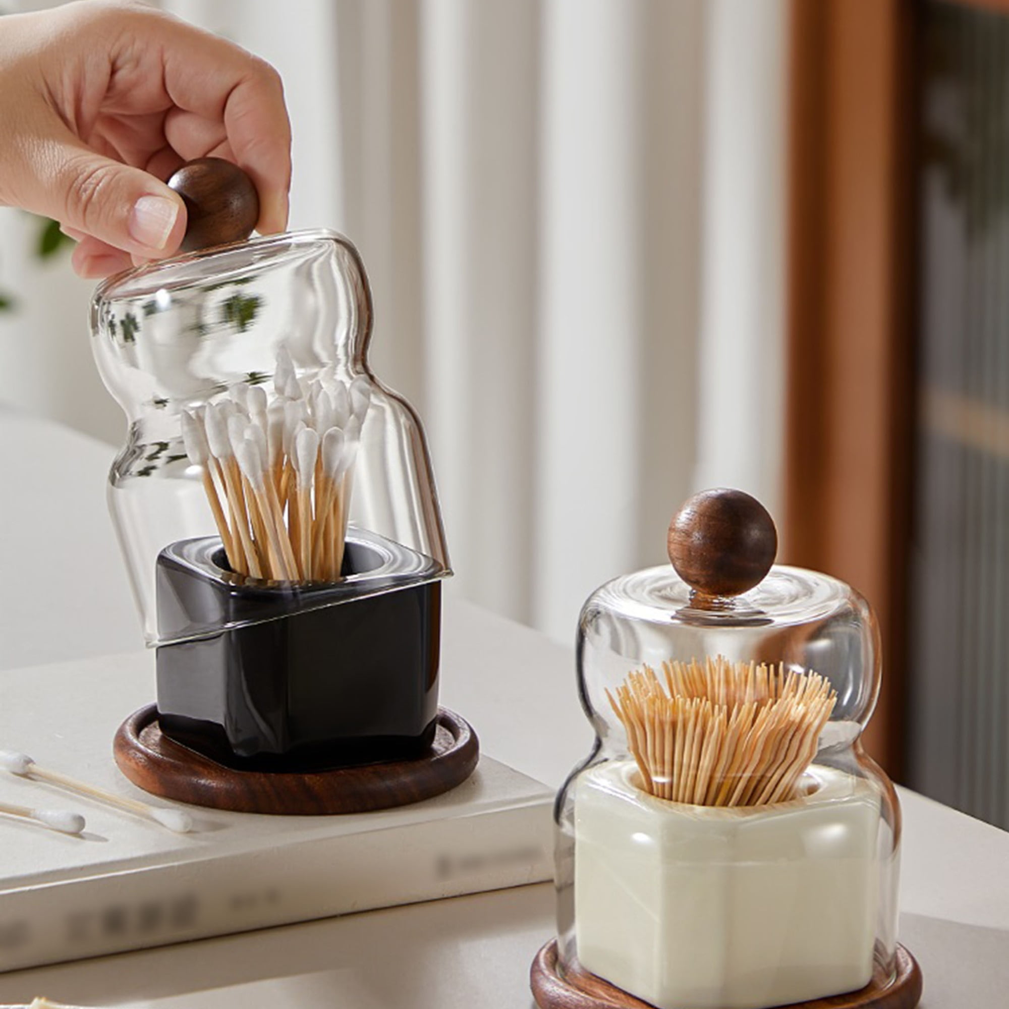 Toothpick Dispenser, Vintage Walnut Ceramic Toothpick Holder Floss Holder Cotton Swab Organiser
