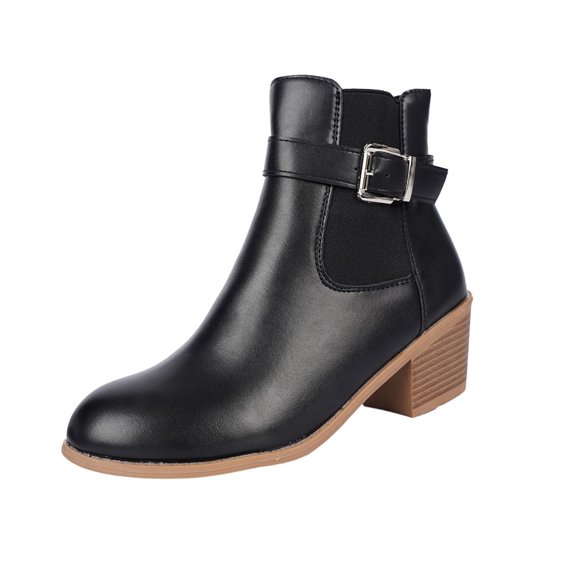 hzomhy Womens Ankle Boots Round Toe Buckle Strap Side Zipper Mid Block Heel for Casual Work and Fall Winter Daily Wear