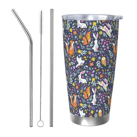 

KLL fox rabbit leaf colorful Print 40oz Stainless Steel Insulated Car Cup with Spillproof Lid - Keep Your Drink Hot or Cold on the Go-Straw Three-piece Set