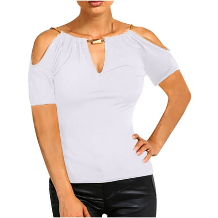 

Plus Size Tops for Women Womens Shirts Trendy Women Casual Loose Fit Leakage Shoulder Pendant Sling Silm Solid Short Sleeve Tops Nursing Tank Tops on Clearance Black Corset Top White 2XL