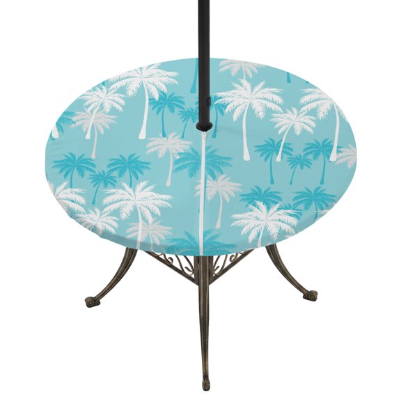 Outdoor Tablecloth with Umbrella Hole and Zipper Blue Tropical Palm Tree Round Fitted Table Cover with Elastic Waterproof Summer Beach Patio Tablecloths for Picnic BBQS Garden Party Fit 45"-54"