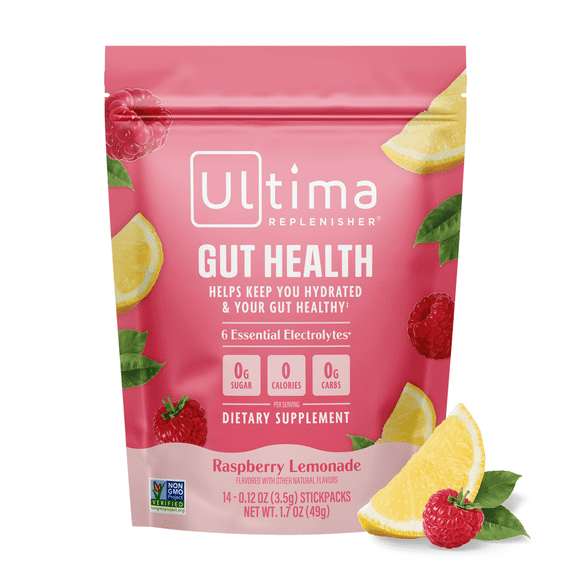Ultima Replenisher Gut Health Supplement & Electrolytes Powder - Raspberry Lemonade, 14 Stickpacks - Hydration Packets with Added Gut Health Benefits