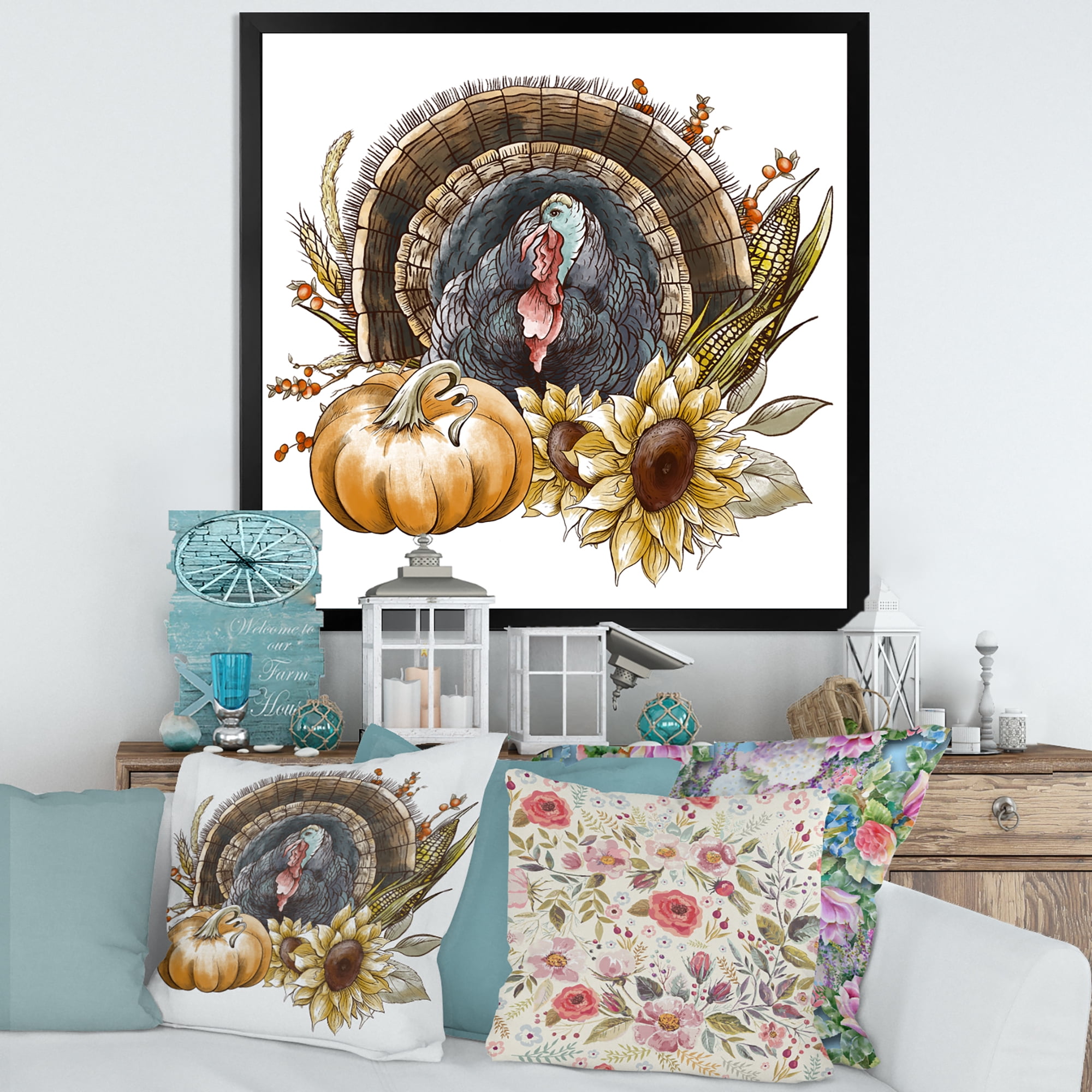 Designart 'Thanksgiving Vintage Turkey Pumpkin and Sunflowers ' Farmhouse Framed Art Print