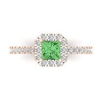 0.89 ctw with Simulated Diamond Halo Accents Anniversary Ring for Women | Princess Cut Simulated Green Diamond | Hyperallergenic Solid 18K Rose Gold