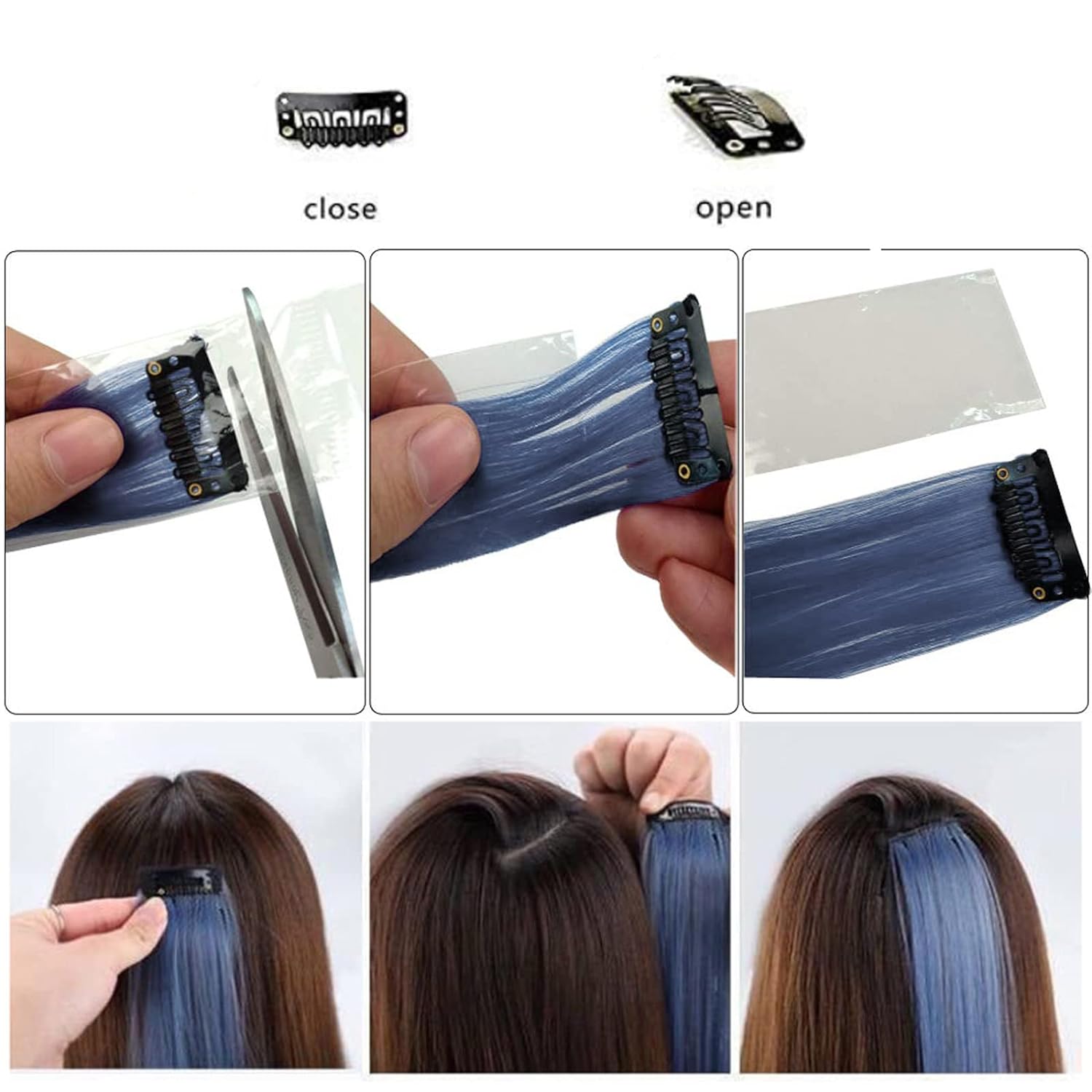 Hair Extension Clips 10pcs in Sky Blue 20 Inch Straight Hair Synthetic Fiber Hairpieces for Party