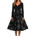 thumbnail image 4 of Halloween Dresses for Women Pumpkin Spider V Neck Hepburn 1950s Vintage Dress Long Sleeve Cocktail Classic Cute Tea Length Dress with Belt M, 4 of 5