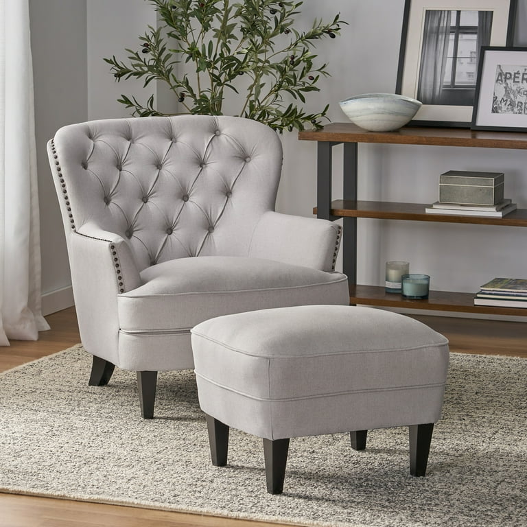 GDF Studio Ishtar Contemporary Fabric Tufted Club Chair and Ottoman Set Natural and Dark Brown