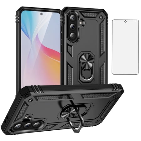 Asuwish Compatible with Samsung Galaxy A36 5G Phone Case Tempered Glass Screen Protector Slim Magnetic Ring Holder Stand Hybrid Protective Cell Cover for A 36 Women Men Black