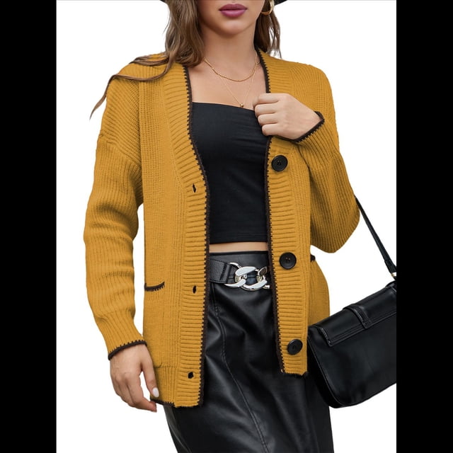 Suéter de Larga con Bloques de Color para Mujer, Abrigo Informal de Otoño con Botones y Bolsillo Amarillo L