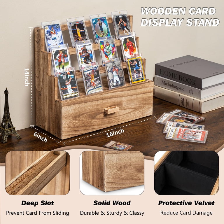 custom card display case Trading Display, 3-Tier Trading Card Storage with Drawer, Wood Graded Card with Card Supporters and Dividers, Sports Card Display 35 Graded PSA - Cards