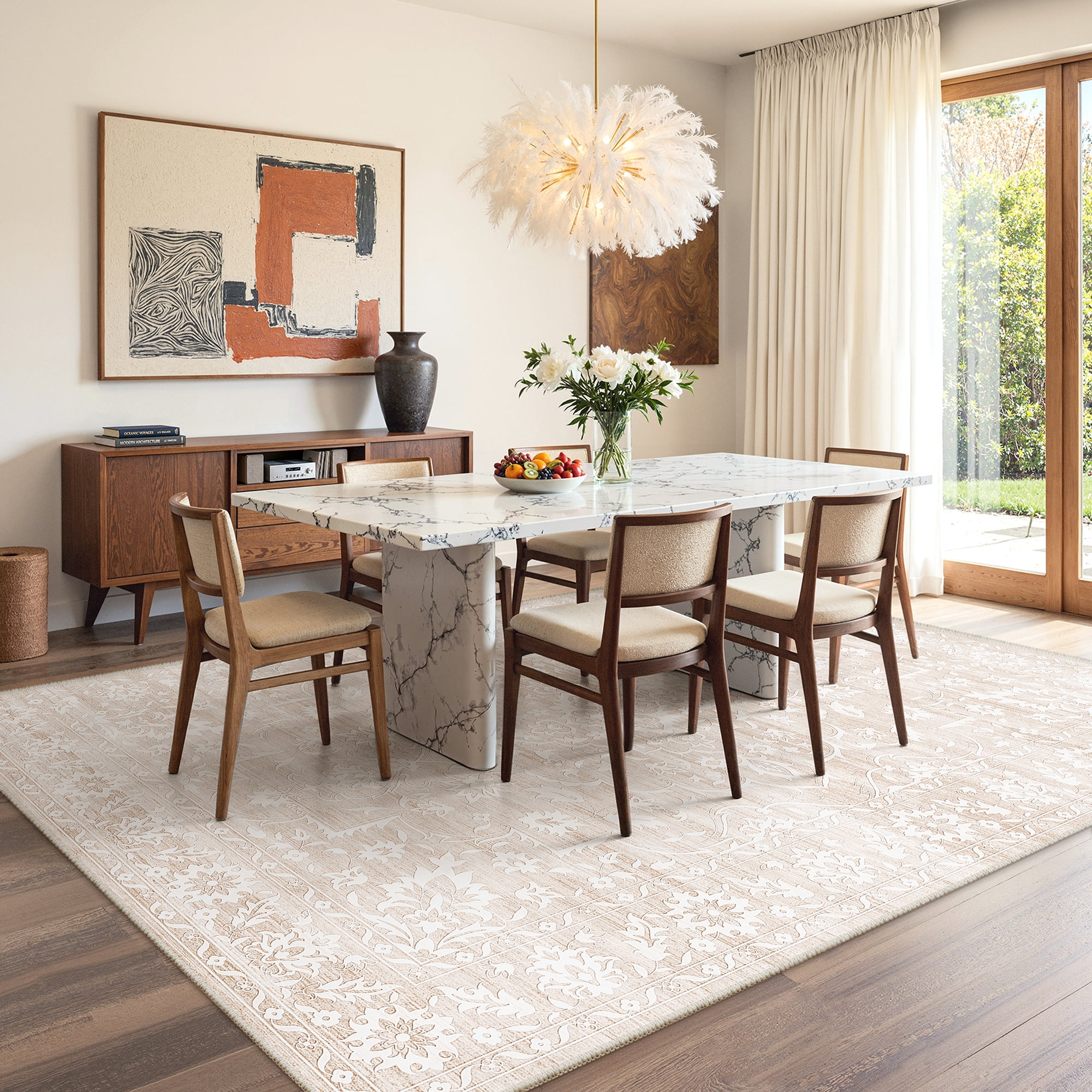 Roxstand 6x9 Area Rugs for Living Room, Stain Resistant Floral Vintage Washable Rugs, Non-Slip Thin Farmhouse Beige Rugs(6'x9', Beige)