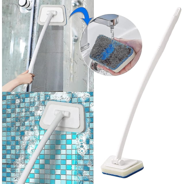 Fregadora de ducha con mango largo - Cepillo fregador de azulejos de bañera 2 en 1 - Fregadora de bañera, cepillo fregador de pared de esponja para vidrio de ventana