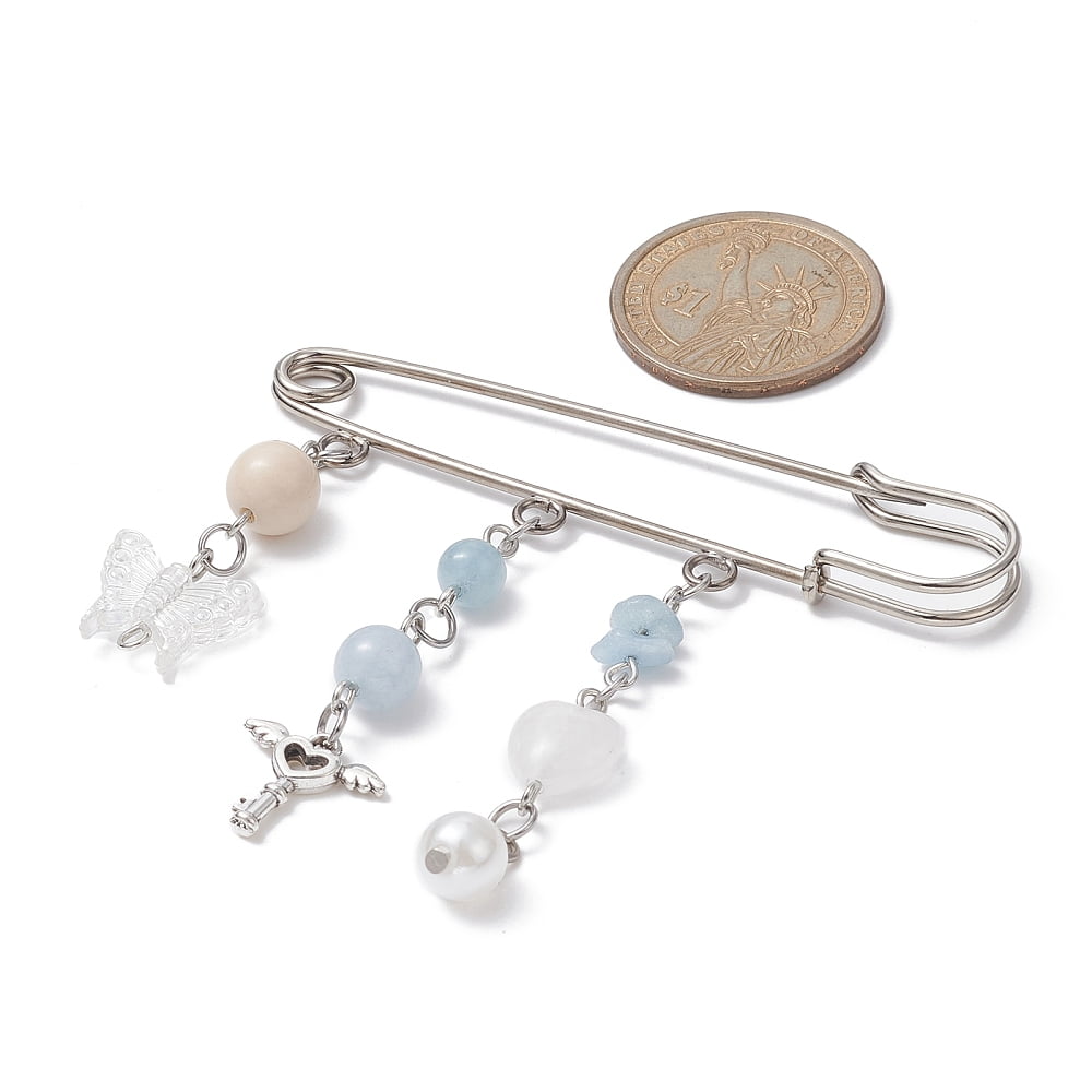 Natural Mixed Gemstone & Butterfly Charms Safety Pin Brooch Alloy Lapel Pin for Sweater Clasp Pants Waist Extender Platinum 67x76x5mm