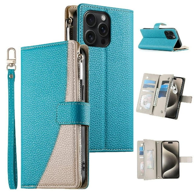 Funda cartera GANGXUN para iPhone 15 Pro Max , cuero PU con tarjetero, cremallera, correa de mano, soporte y protección 876°