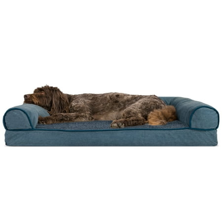 UPC: 0842229106343 | FurHaven Pet Products | Memory Foam Faux Fleece & Chenille Couch Sofa-Style Pet Bed for Dogs & Cats Orion Blue Large