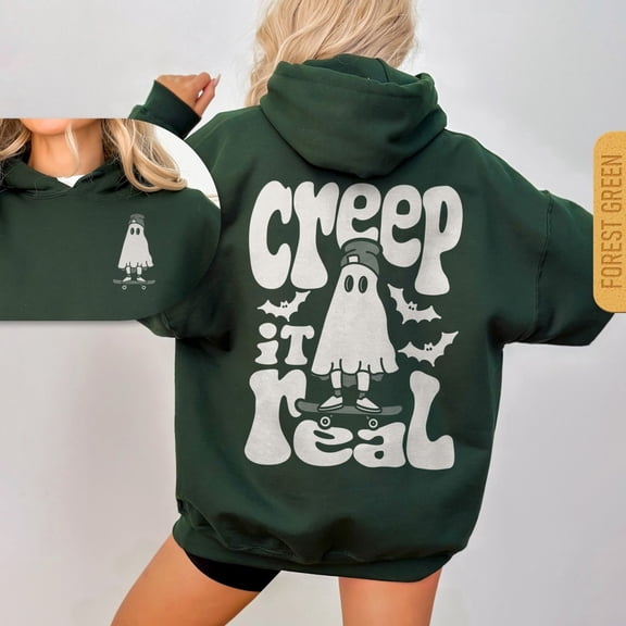 Creep It Real Hoodie, Unisex Retro Ghost Halloween Pullover, Funny Graphic Skateboarder Gift Forest Green