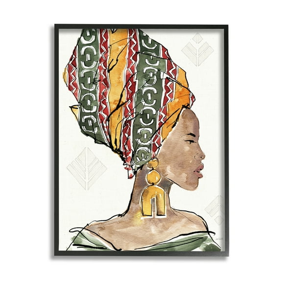 Stupell Industries African Woman Patterned Head Wrap Strong Portrait World Cultures Painting Black Framed Art Print Wall Art, 11 x 14