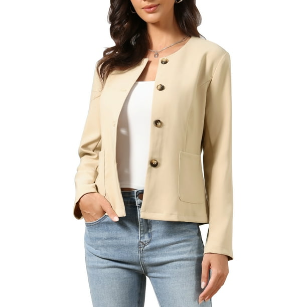 CHAQUETA VINTAGE PARA MUJER INSPIRE CHIC, CHAQUETA CORTA LIGERA CON BOTONES Y BOLSILLOS, TALLA S, CAQUI