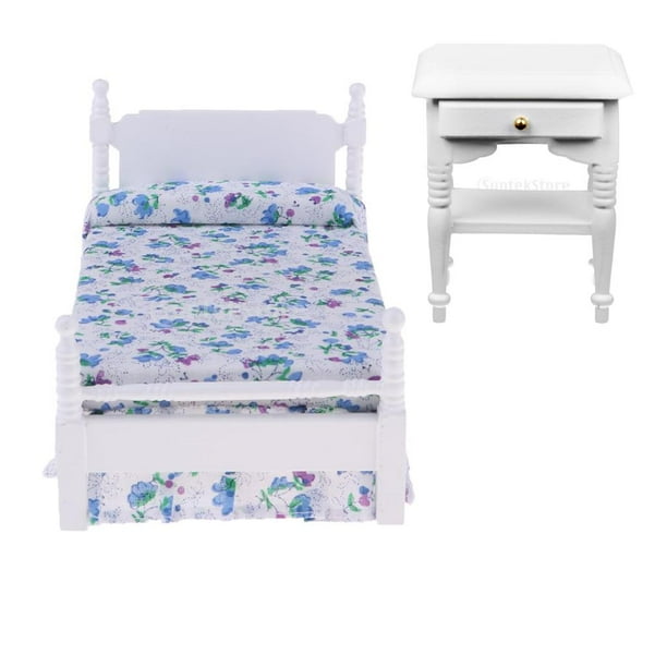 Cama en miniatura de casa de muñecas,Cama individual escala 1/12,Mesita de noche de casa de muñecas,Muebles de dormitorio de casa de muñecas,Decoración de casa de muñecas,Muebles de