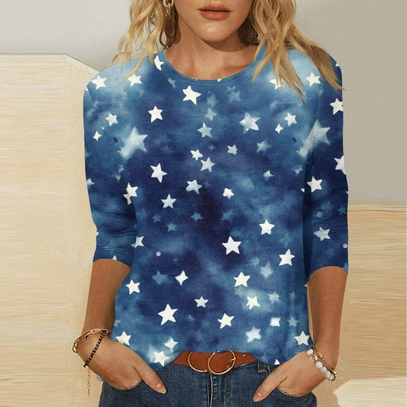 Cavosen American Flag Tops for Women Petite Independence Day 3/4 Sleeve Round Neck T Shirts American Flag Graphic Shirts Lady XL 4th of July Casual Shirts Red White and Blue Tunic Tees