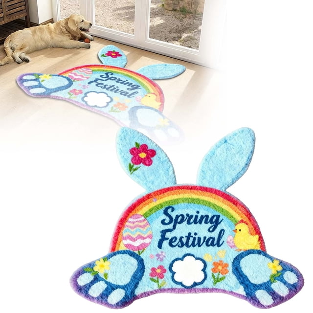 Velvet Easter Bunny Welcome Mat for Front Door - Absorbent Durable Floor Rug with Non- Backing 90cm/354in Decorative Bunny Design Carpet 2