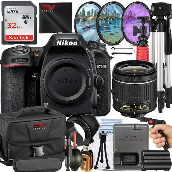 Nikon D7500 Mirrorless Camera with 18-55mm Lens   SanDisk 32GB Memory Card   Pistol Grip Tripod   SV Premium Accessory Bundle (International Version)