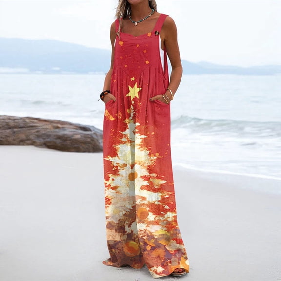 Womens Christmas Print Wide Leg Jumpsuit Adjustable Strap Sleeveless Overalls with Pockets M