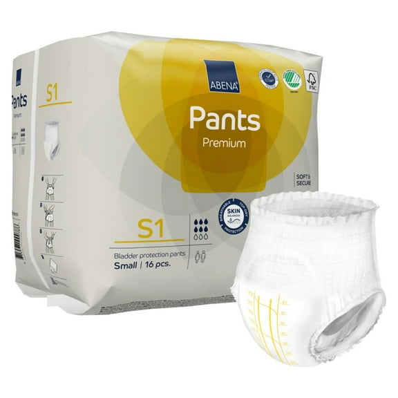 Abena Premium Pants S1 Disposable Underwear Pull On with Tear Away Seams Small, 1000021318, 49, 16 Ct