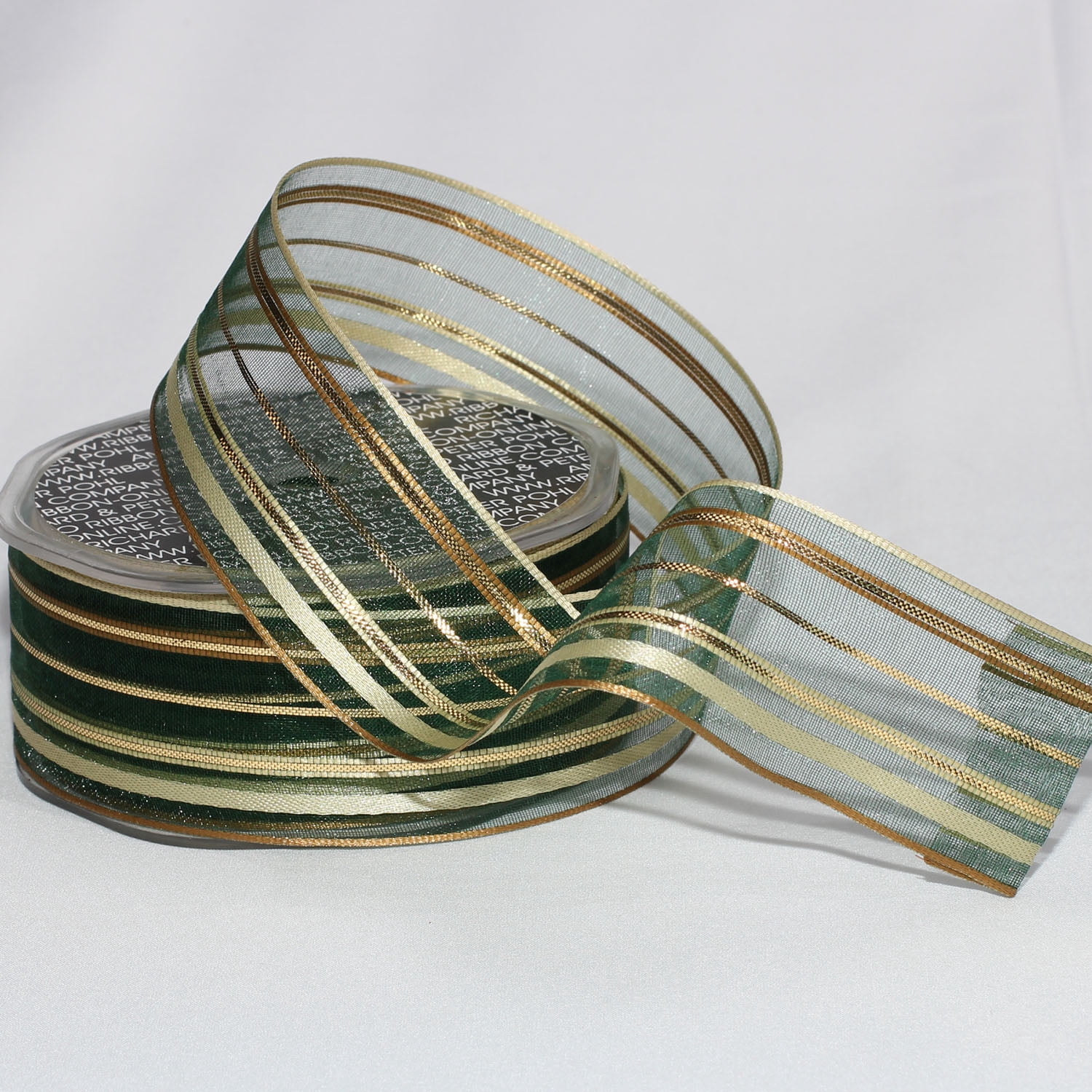 The Ribbon People Sheer Green and Gold Striped French Wired Craft Ribbon 1.5" x 33 Yards