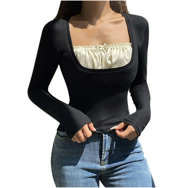 Pompotops Fashion Women Casual Tight Pullover Irregular Splicing Round Neck Tees Tops