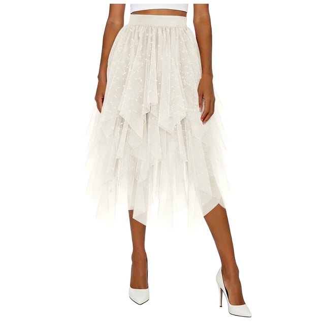 DAFEI Women Short Skirt Loose Sequin Skirt A-Line Fairy Patterned Elastic Waist Ruffle Layered Midi Skirt