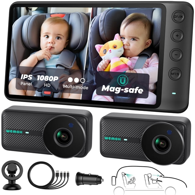 Cámara para bebé para auto WEMOH, doble pantalla IPS 1080P, magnética