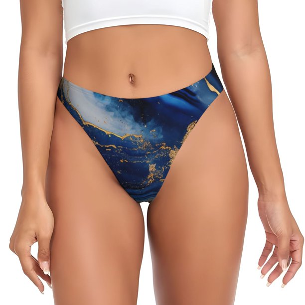 Balery Navy Blue Marble Tangas de Algodón para Mujer con Estampado – Ropa Interior Sexy, Transpirable, G-string-Large