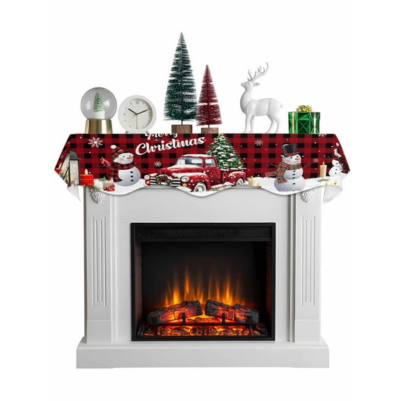 Red Plaid Truck Christmas Mantel Scarf Fireplace Decorations for Living Room, Xmas Tree Snowflake Gifts Winter Fireplace Mantel Scarf Cover Runner for Halloween/Thanksgiving/Christmas Decor 60"x17"