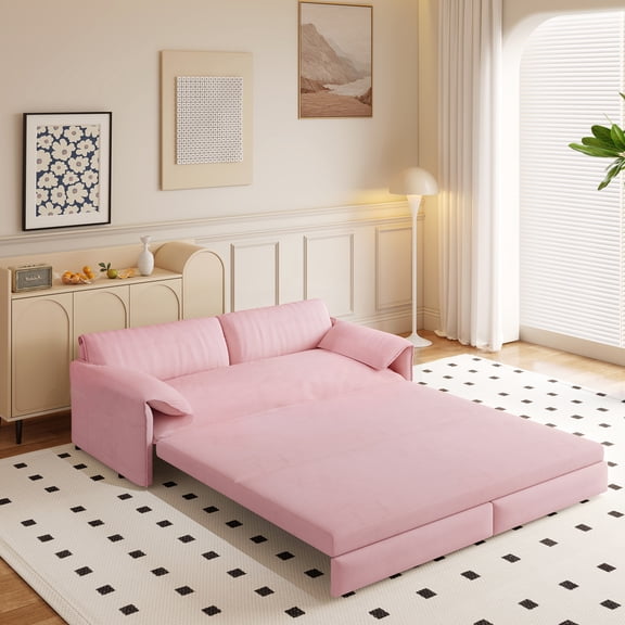 66" Queen Pull-Out Sleeper Sofa Bed, 3-in-1 Convertible Velvet Loveseat with Side Storage, Multi-Functional Couch for Living Room, Bedroom, Apartment or Office, Pink
