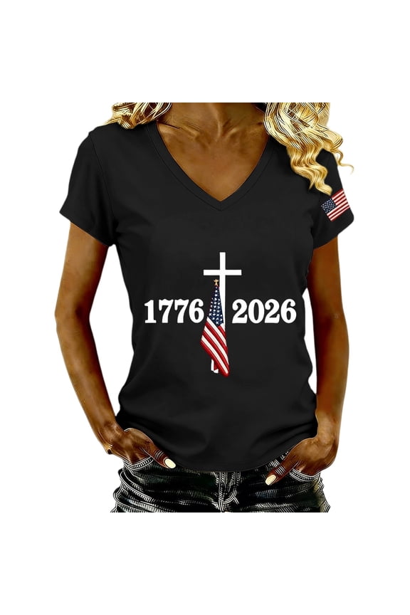 250 Anniversary USA Shirt for Women American Flag Cute Clothes Beach Vacation Women's Tops, Tees & Blouses V Neck Retro Womens Blouse Black