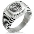 thumbnail image 1 of Stainless Steel Rootless All Seeing Eye CZ Ribbed Needle Stripe Pattern Biker Style Polished Ring, 1 of 1