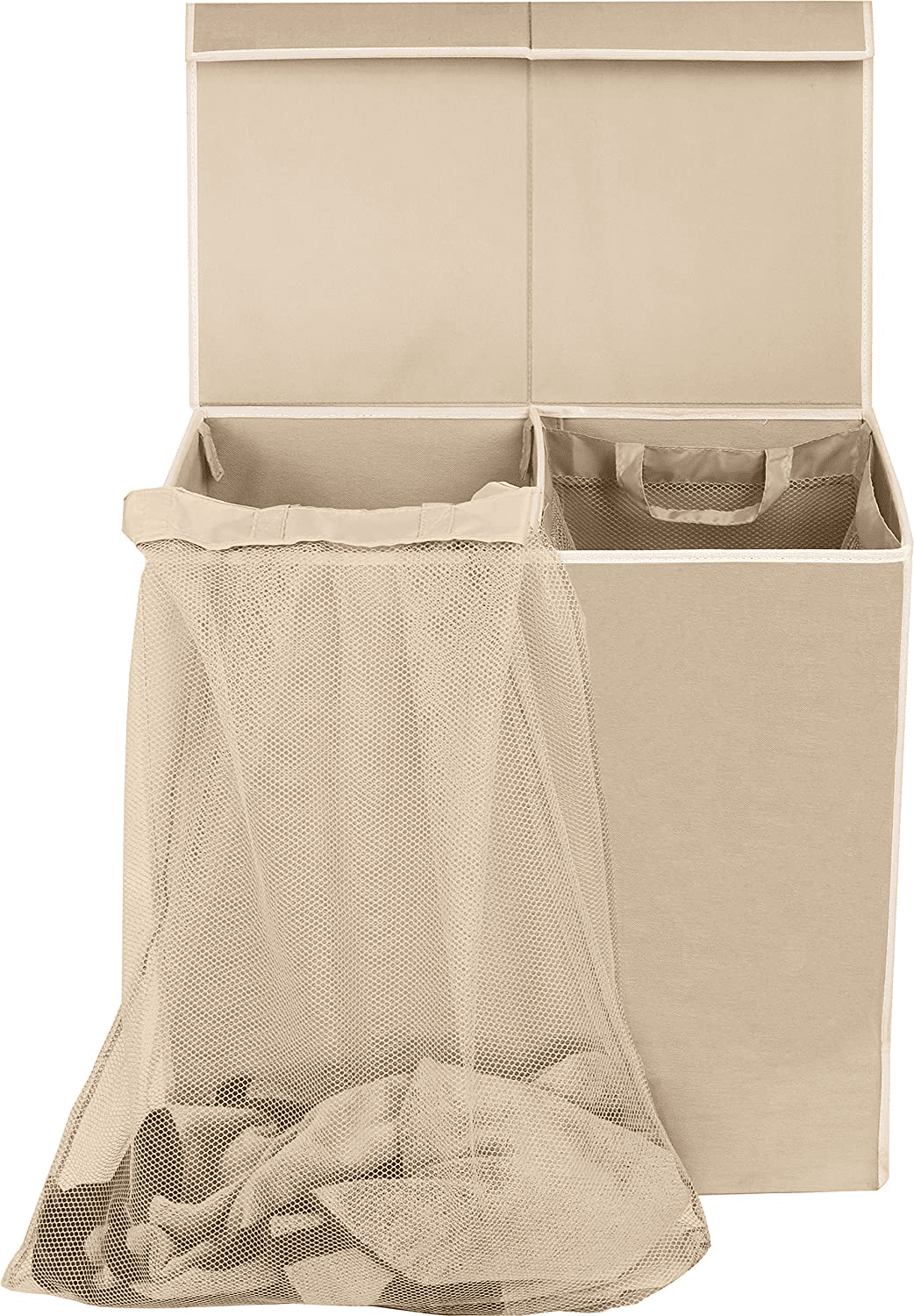 Beige Simple Houseware Double Laundry Hamper with Lid and Removable Laundry Bags