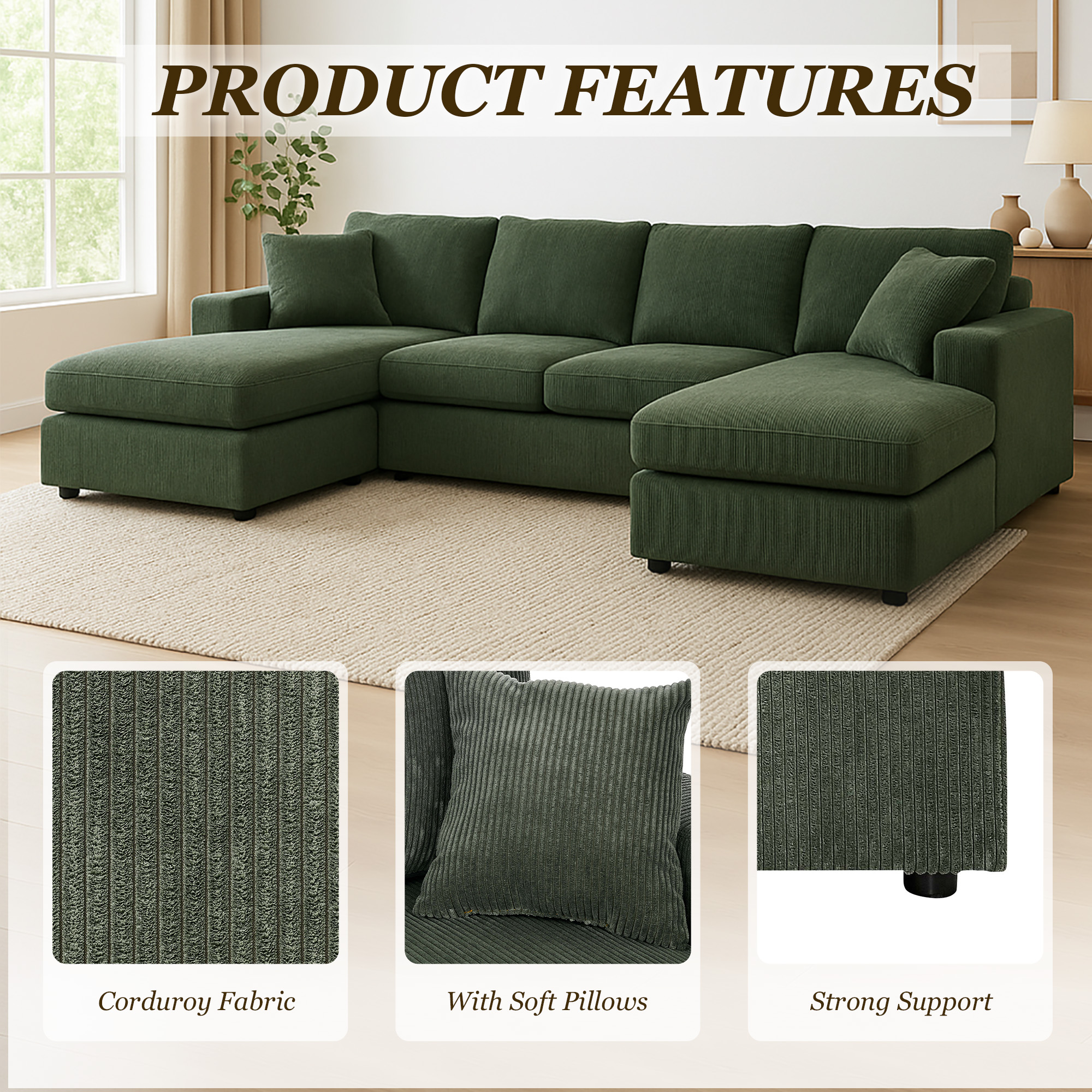 MOONMISS Sectional Sofas with Double Chaise, U-Shaped Cloud Comfy Couches, Green