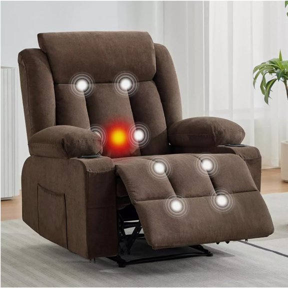 IDEALHOUSE Sofa Bed Brown Massage Rocker Recliner Chair with Heat, Vibration, Ergonomic Lounge Recliner Sofa with Side Pockets, Cup Holders for Living Room