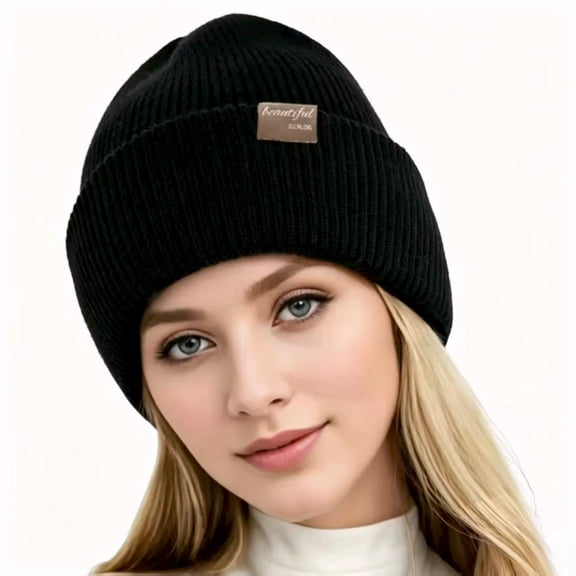 Knit Beanie for Women, Ribbed Cuffed Caps  with Leather Patch Label, Soft Warm Winter Hat for Cold Weather Daily Wear
