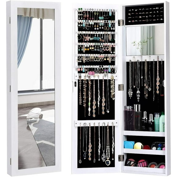 CZMDZH Wall Mounted Jewelry Cabinet with Full Length Mirror, Over The Door Jewelry Armoire Organizer with Large Storage, Makeup Mirror & Velvet Lining (White)