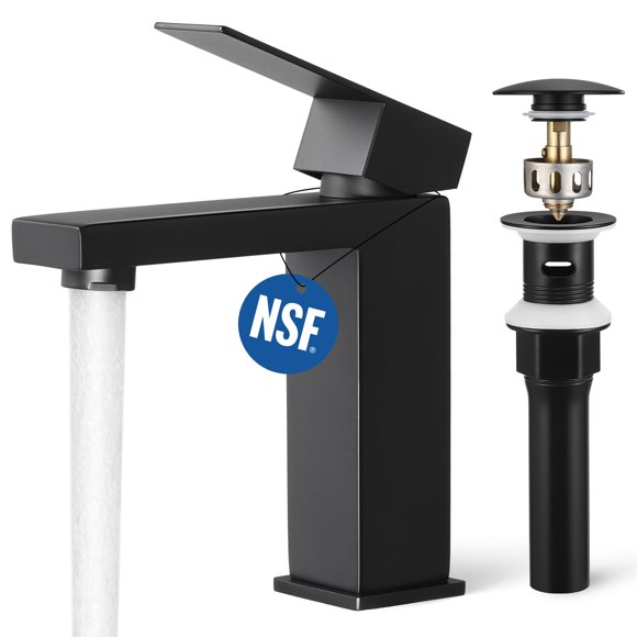 KES Robinet de Salle de Bain Noir à Poignée Unique & Évier de Salle de Bain avec Débordement, Robinet de Meuble-Lavabo Certifié cUPC avec Bouchon de Vidange Pop-Up en Acier Inoxydable