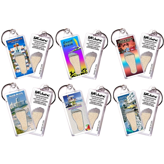 South Beach FootWhere Souvenir Keychains. (SBM100 - Assorted) 6 Piece Set