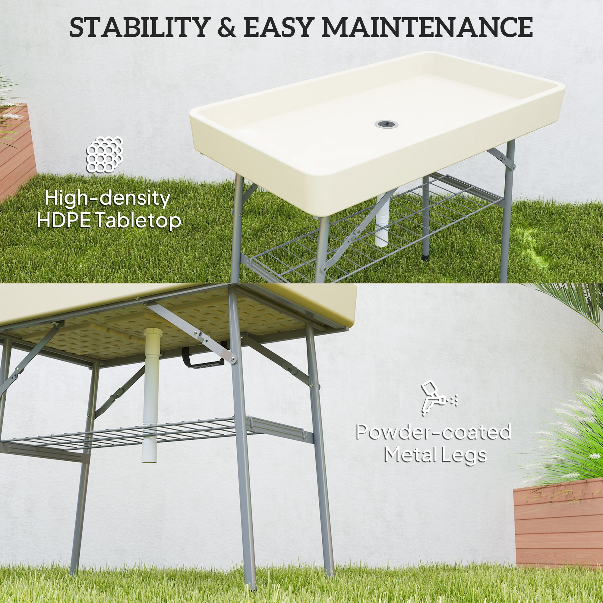 Outsunny 3.4ft Folding Ice Cooler Table with Drain, Fill and Chill Table with Storage Shelf, Drink Cooler for Parties Picnic BBQ Camping Wedding Tan